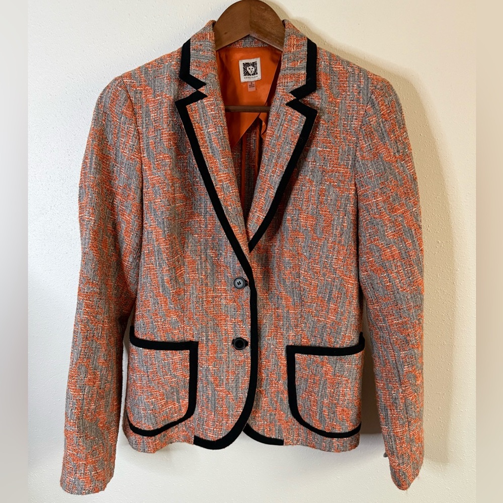 Anne Klein Tweed Blazer Size 6 Orange Gray Black Trim Tailored Jacket - Picture 7 of 7